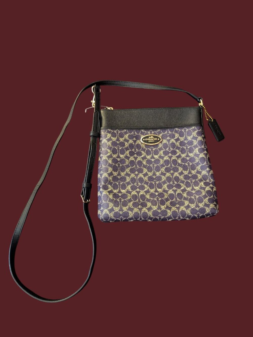 Coach Signature Purple And Black Leather Trim Coated Canvas Cross Body Purse - Picture 2 of 16